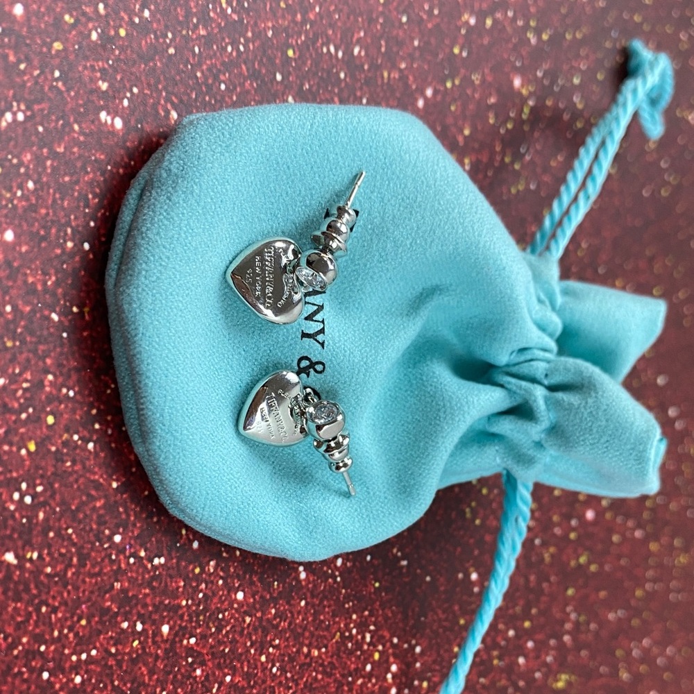 Tiffany & Co. Silver Heart Drop Stud Earrings in Blue Pouch
